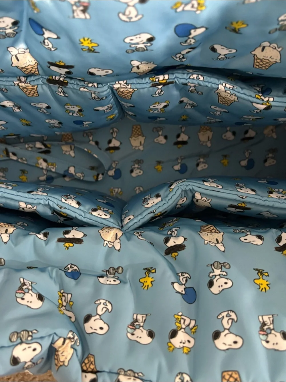 Peanuts Blue Quilted Tote with Snoopy & Woodstock Print